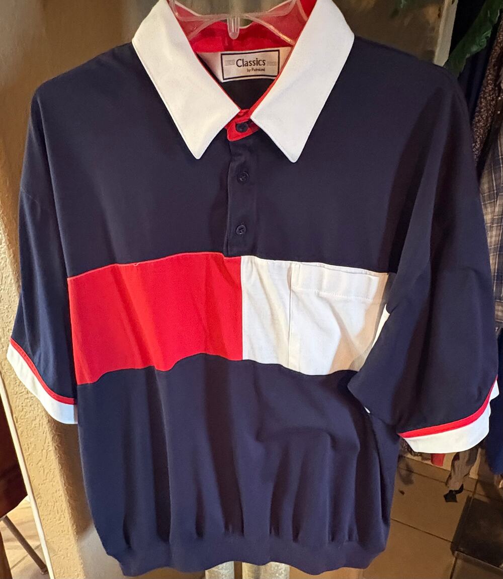 Vtg CLASSICS by PALMLAND Polo SHIRT Banded Waist Red White Blue COLORBLOCK 2XL